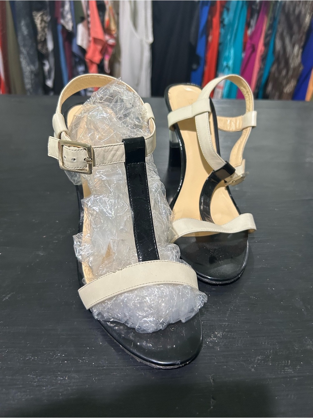 kate spade Black and Cream T-Strap Heels